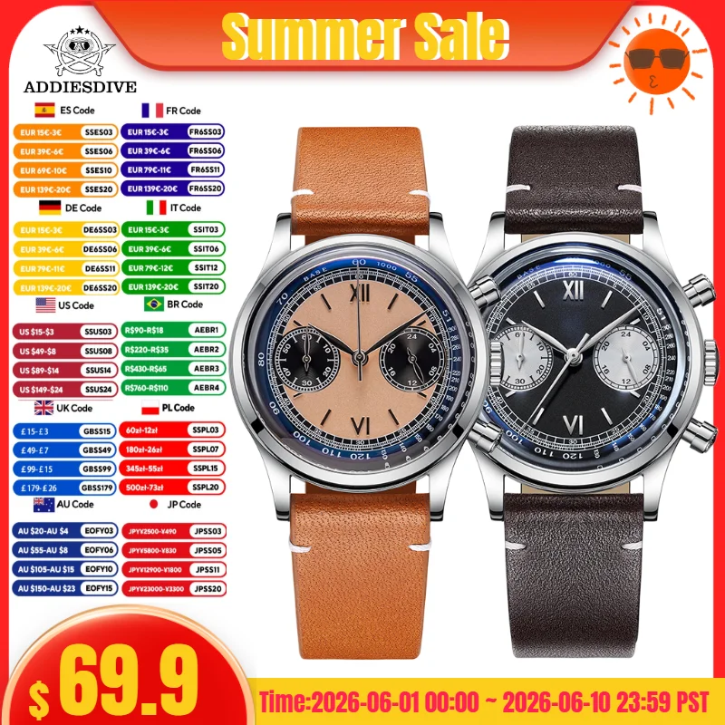 

ADDIESDIVE AD2037 Men Watches Relogios Masculino VK64 Movement Leather Watch 100m Diver Multifunctional Chronograph Quartz Watch