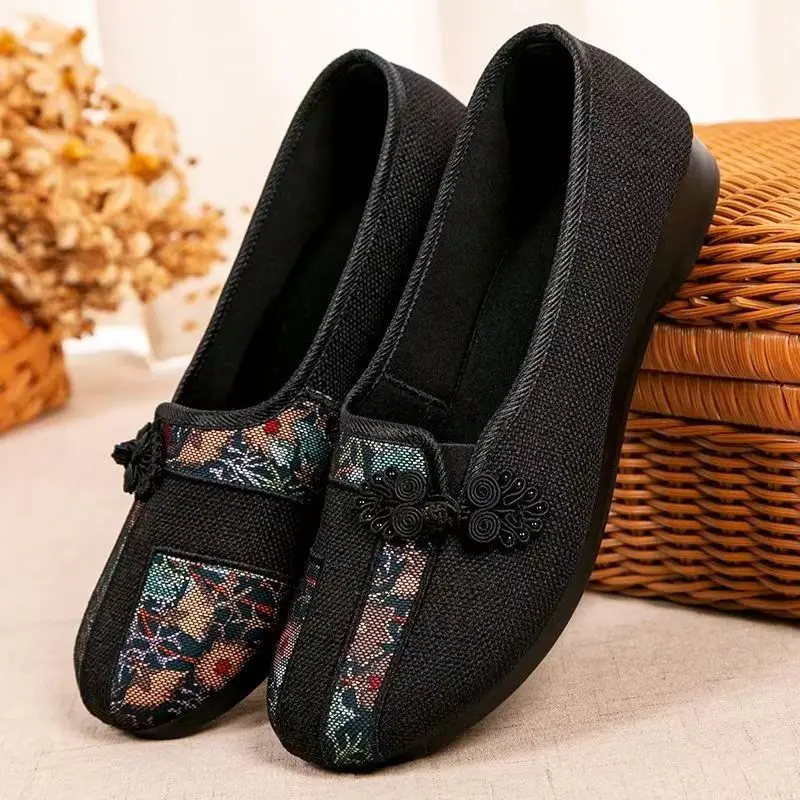Women Ethnic style Flat Sole Cloth Shoes Spring Autumn New Soft Sole Round Toe Shallow Slip On Middle Aged And Elderly Nude Shoe