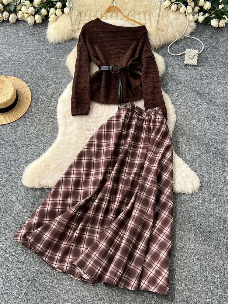 

Вязаный длинный асимметричный топ и юбка в клетку с высокой талией Све, комплект из двух предметов, моющийся женский ансамбль с поясом