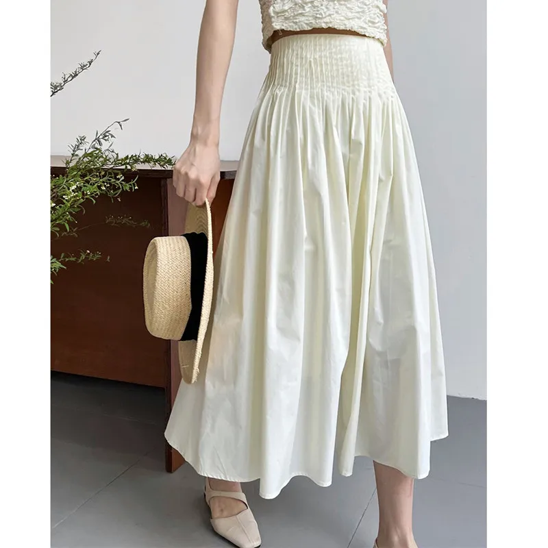 Long Skirt Korean Fashion Elegant Ladies Elastic High Waist A-Line Midi Pleated Skirt White Black Pink Gonna