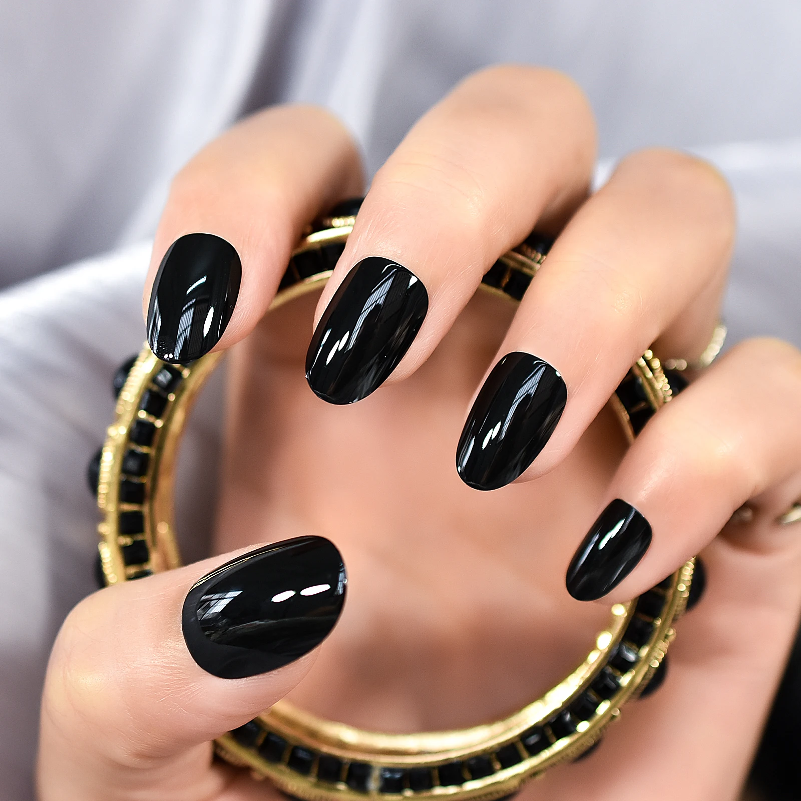 Medium Oval Fingernail Tips Glossy Manicure At Home Solid Color Pure Black Press On Nail False Nails For Cool Grils Gift