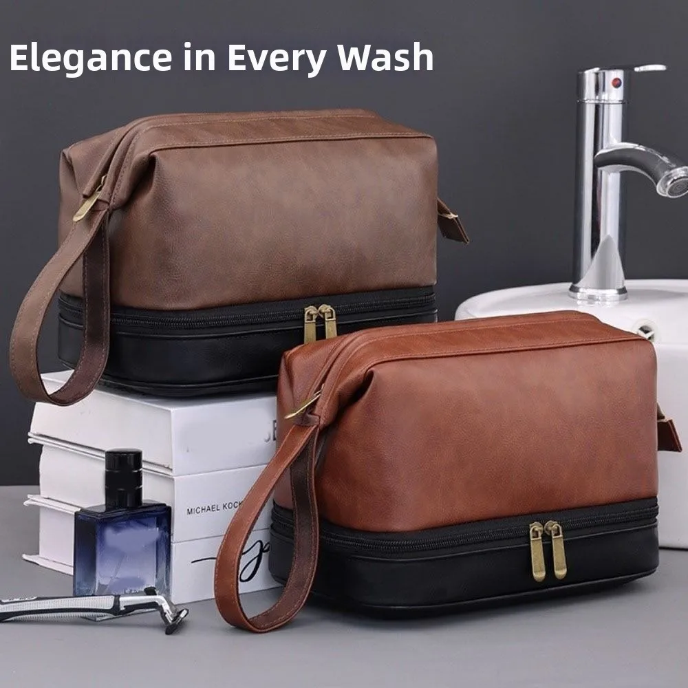 

Мужская косметичка большой вместимости из искусственной кожи в ретро-стиле, водонепроницаемая, с разделением на сухие и влажные отделения, деловая сумка для макияжа.