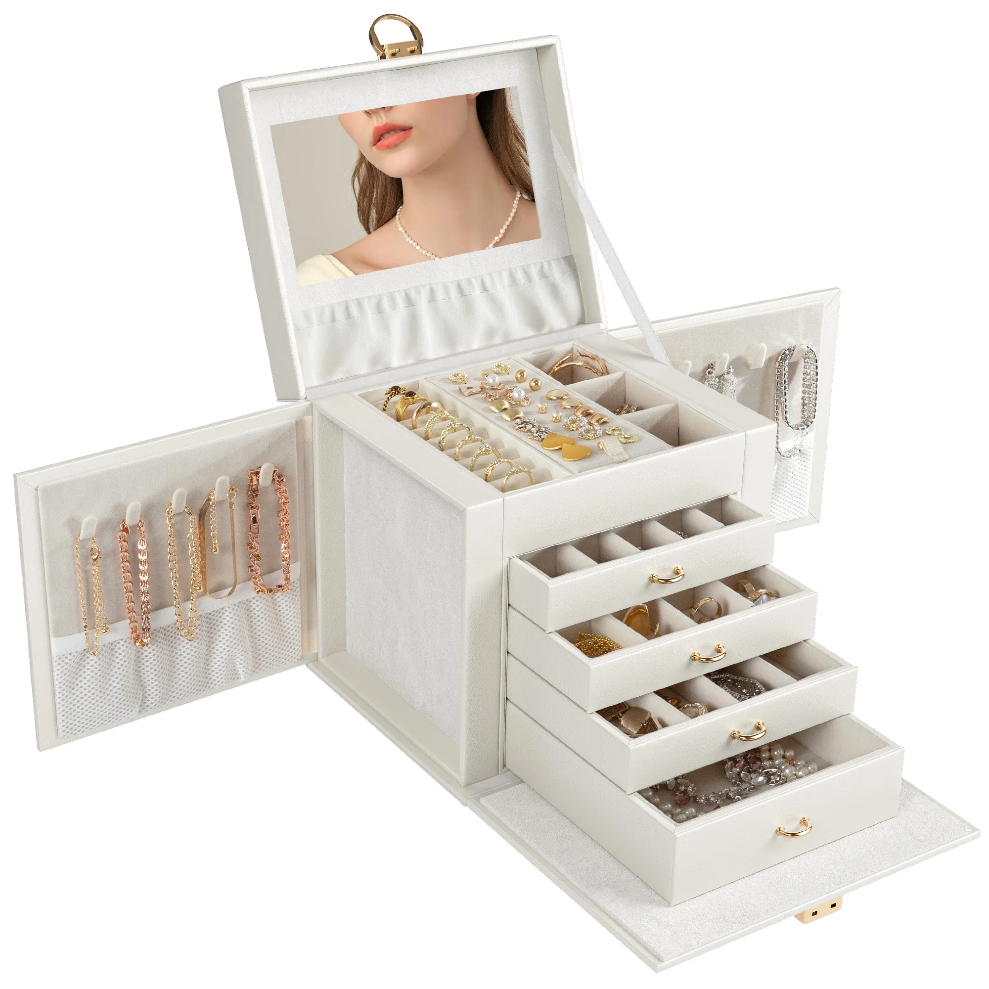 EnHomee 5-Layer Jewelry Box Huge Lockable Jewelry Organizer for Necklace Ring Earring Bracelet And Watch Storage, Multi-Function Storage Case with Lock And Mirror for Women, Black, Jewelry Boxes