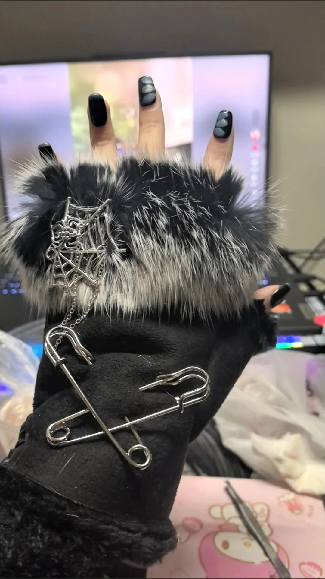 Gants sans doigts en peluche pour femmes, mitaines optiques chaudes, dragonne, cosplay de fête hip-hop, sexy, punk, noir