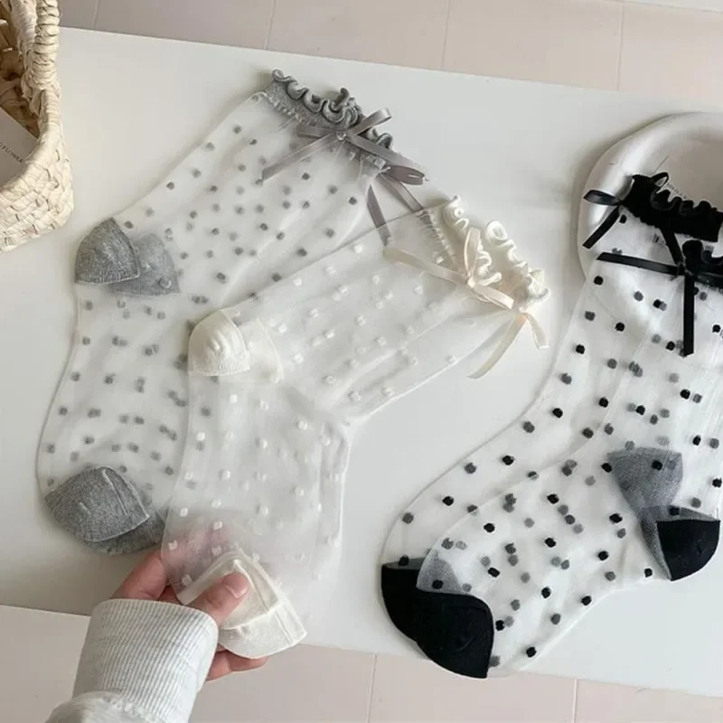 Ultra-thin Bow ถุงเท้าคริสตัลผ้าไหมถุงเท้ายาวสําหรับสาวผู้หญิงญี่ปุ่นสไตล์หวานฤดูร้อนลูกไม้กลางถุงน่องหลอด