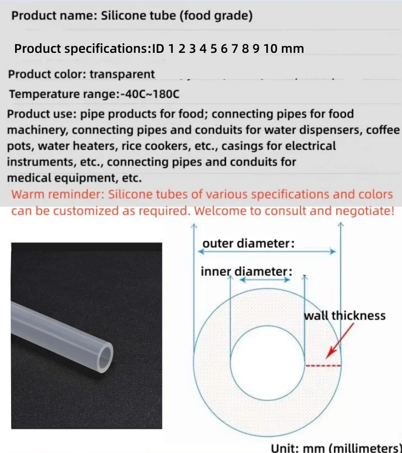 Manguera de goma de silicona transparente de grado alimenticio, tubo Flexible de silicona no tóxico, 1M, ID 2, 3, 4, 5, 6, 7, 8, 9, 10mm
