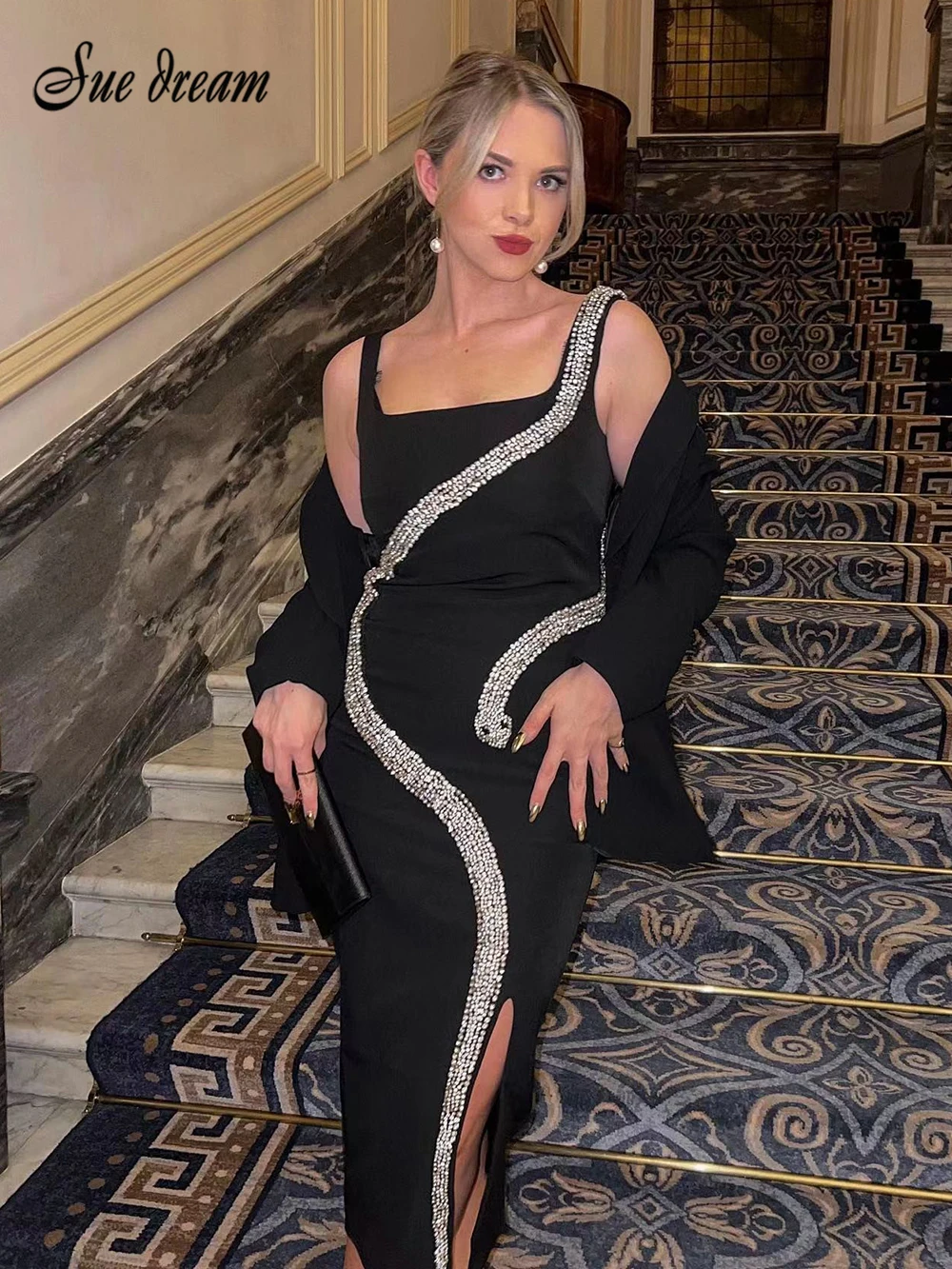 

2023 Summer Diamond Sleeveless Midi Dress For Women Fashion Black Pink Bodycon Dress Club Party Vestido Clothes