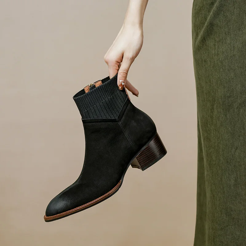 NEW Fall/Winter Women Shoes Pointed Toe Chunky Heel Boots Genuine Leather Black Boots for Women Fashion Hight Heel Modern Boots