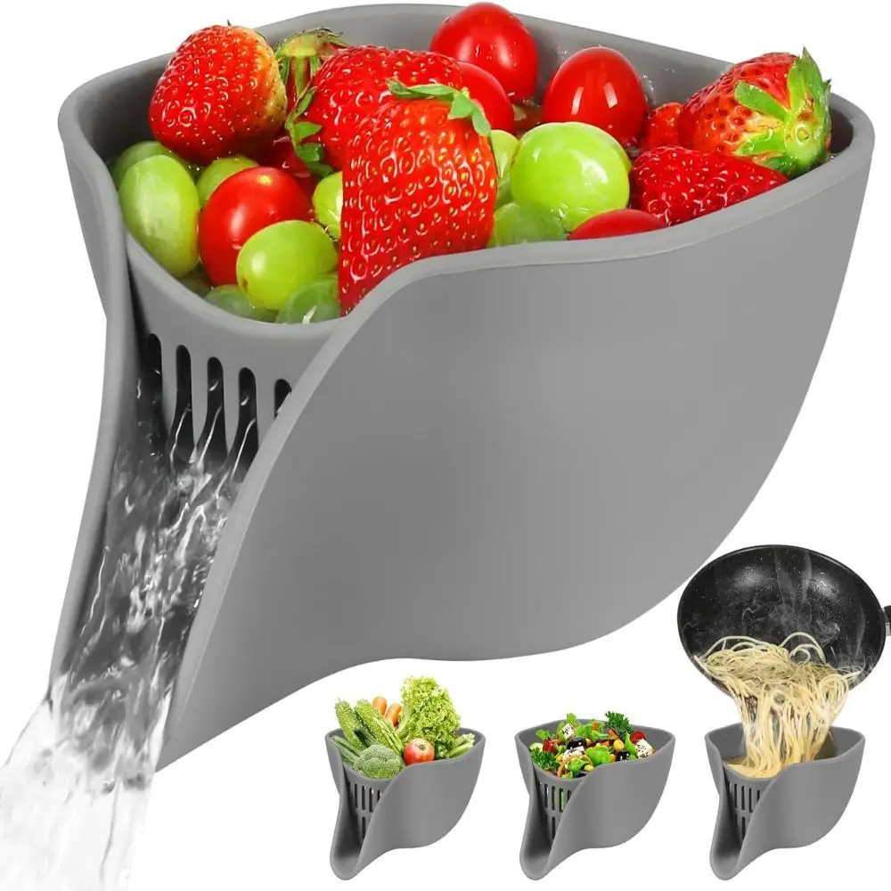 

Silicone Drain Basket with Spout Multifunction Kitchen Colander Bowl Small Water Filter Washing Bowl Vegetable Drainer