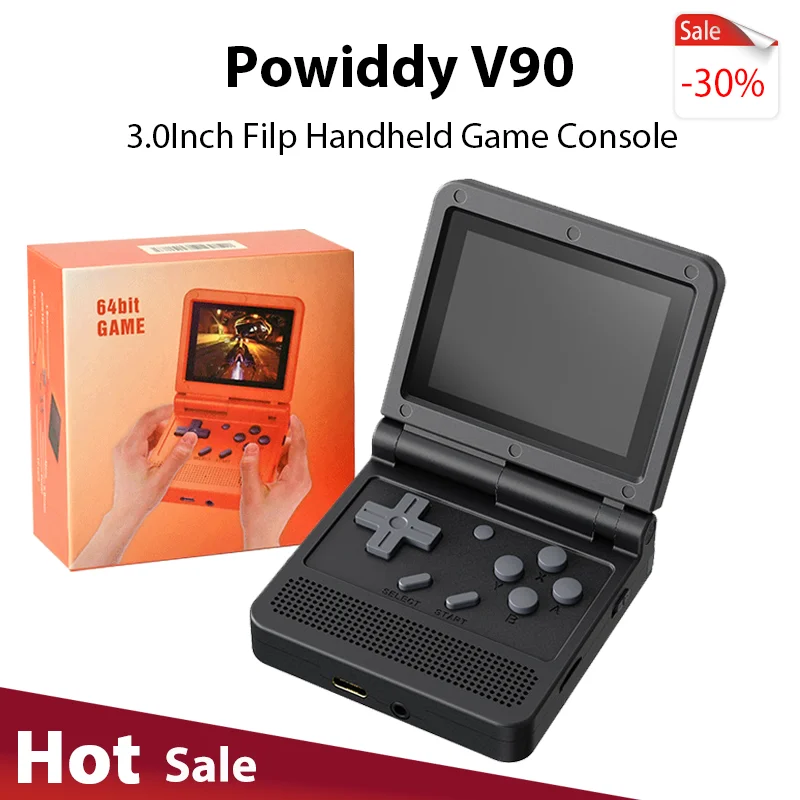 Powkiddy V90 3.0 인치 IPS 스크린 레트로 비디오 게임 콘솔, 오픈 소스 PS1 미니 휴대용 게임 콘솔, 64G 15000 게임 