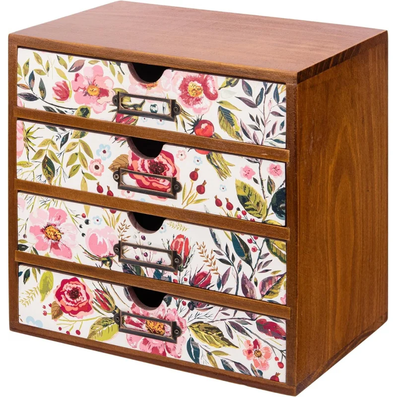 

4-Drawer Vintage Desk Wood Storage Box With Drawers in Floral Chintz - Wooden Table Organizer I End Clutter & Dullness, Personal