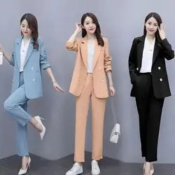 Women Business Suit Korean Version OL Commuter Style Lady Double Breasted Blazer Jacket Pants Set Straight Leg Formal Suit