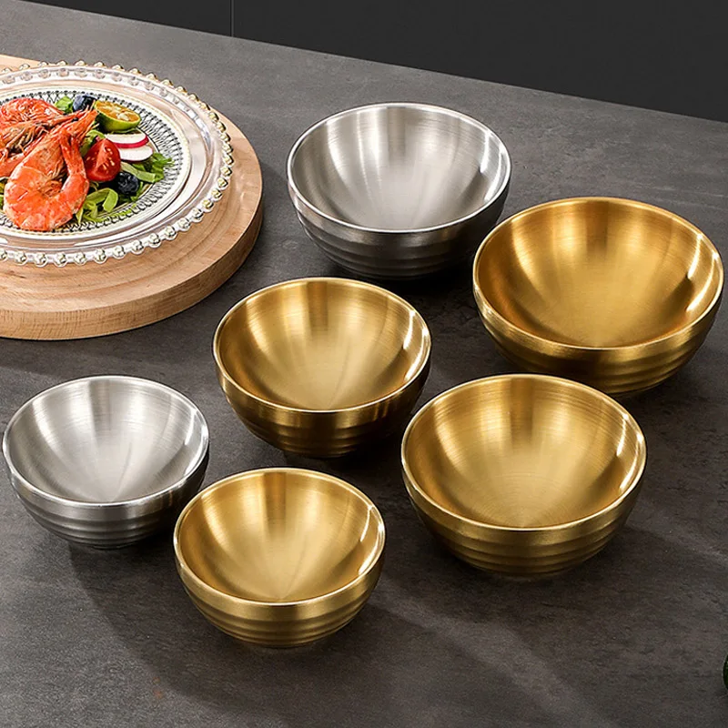 304 Stainless Steel Threaded Rice Bowl Dough Round Soup Double Layer Insulated Ramen Bowls Home Tableware Kitchen Accessories