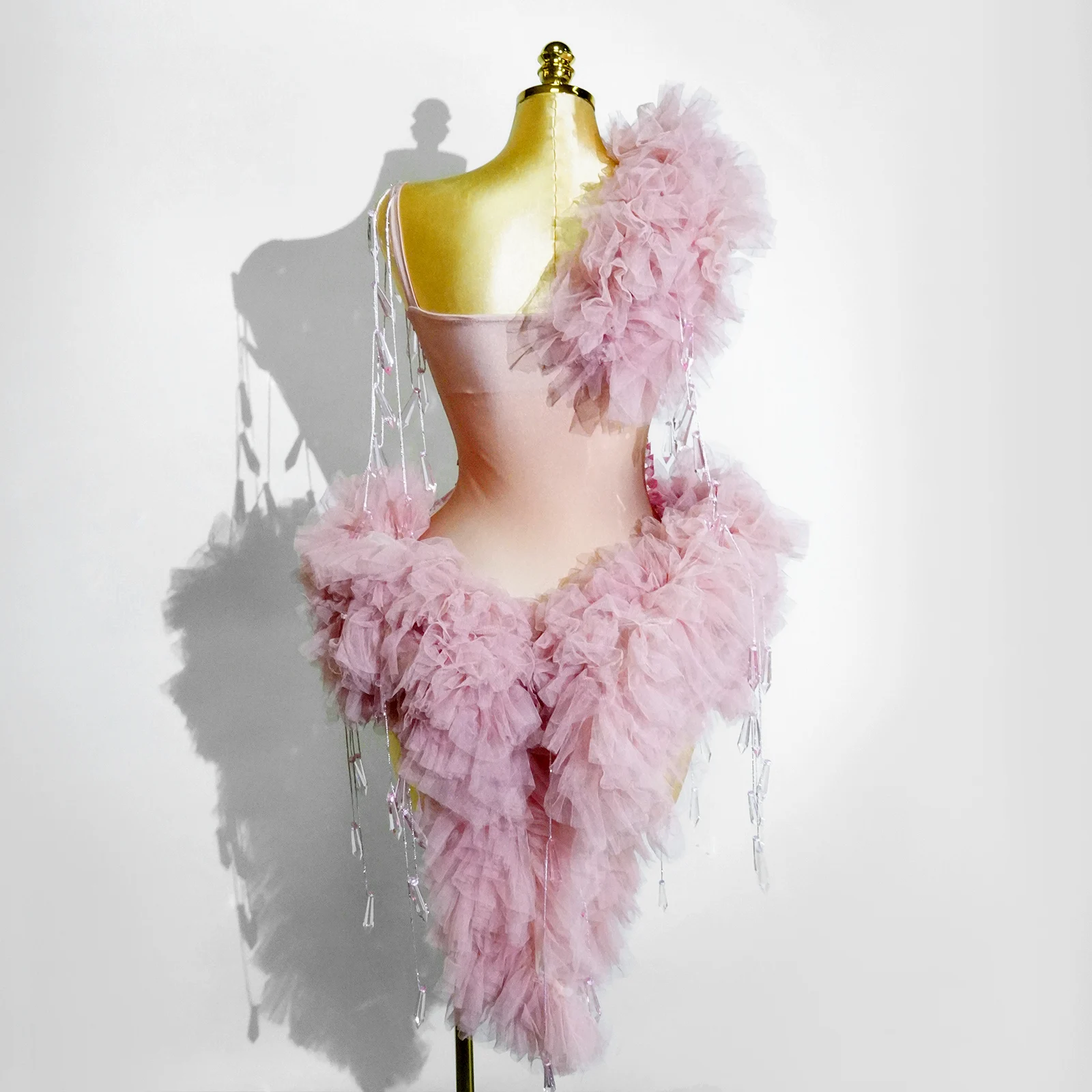 Sexy Pink Crystal Mesh Bodysuit Latin Dance Prom Girls Clothes Birthday Party Nightclub Stage Wear Performance Drag Queen Outfit