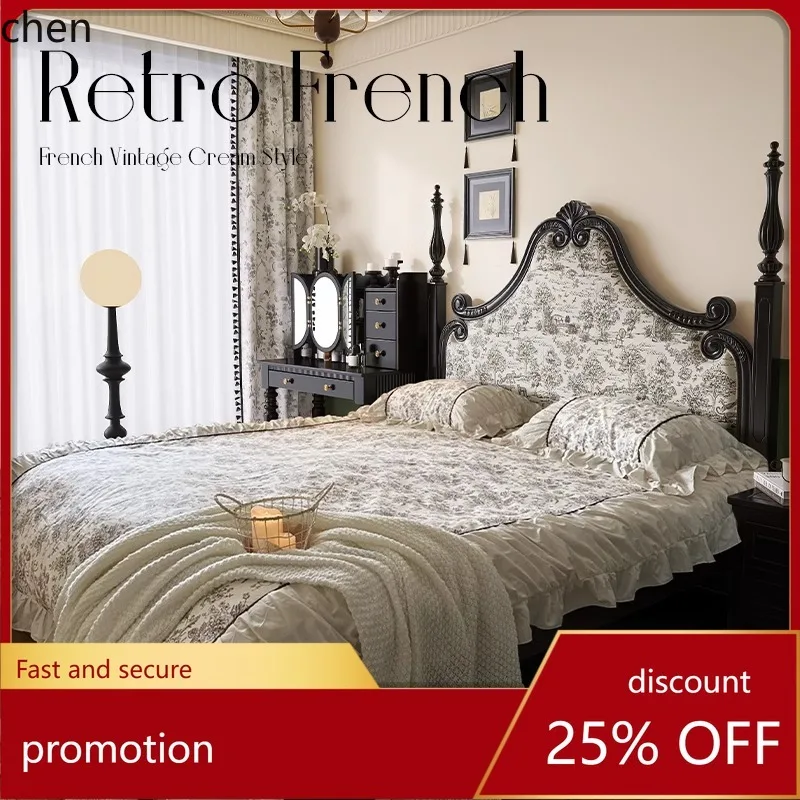 HT Retro Bed Solid Wood  Modern Simple 1.8m Double Soft Pack Vintage Bed Master Bedroom Wedding Bed