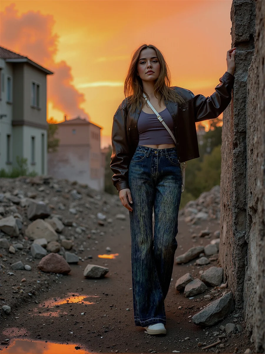 Flared Distressed Jeans Pants For Woman Denim Women Clothes Washed Loose Casual Streetwears Ins Vintage Retro Versatile Lace-Up