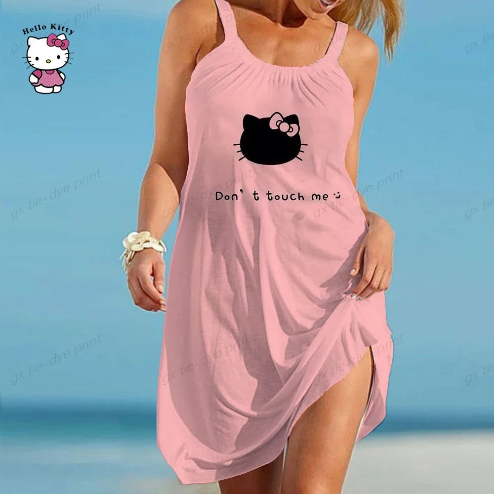 Hello Kitty Print Mouwloze Jurk Vrouwen Vakantie Strand Mini Hawaiiaanse Jurk Boho O Hals Casual Mode Slanke Losse Jurken 2023