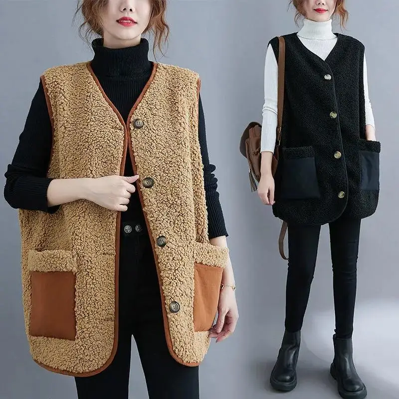 Big Size Lamb Wool Vest Women Sleeveless Jacket Single-breasted Pockets Warm Waistcoat High-end Outerwear Winter Clothes