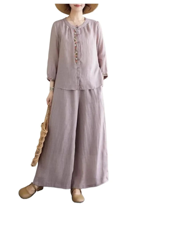 

Autumn Women's Set Clothing Fashion Single Breasted Casual Embroidered Flowers Shirt Loose Wide Legs Trousers Two Piece Set