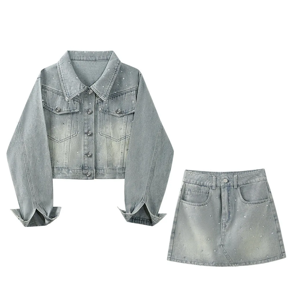 

Новый комплект из двух предметов: джинсовая рубашка с пайетками и юбка, женский, однотонный, с воротником поло, свободного кроя, с длинным рукавом, повседневный джинсовый комплект