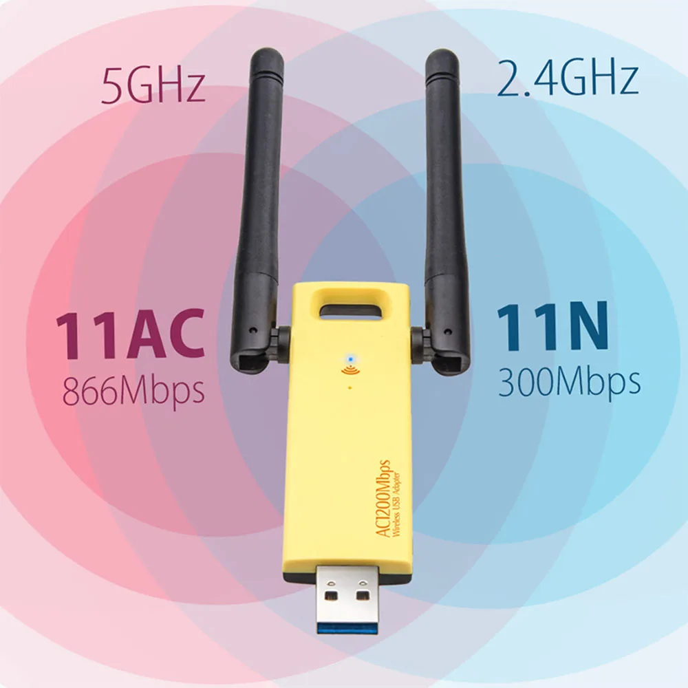 Adaptador Wifi inalámbrico de 1200Mbps, banda Dual, 5Ghz + 2,4 Ghz, 802.11ac, RTL8812, Chipset con Dongle aéreo, tarjeta de red USB para PC