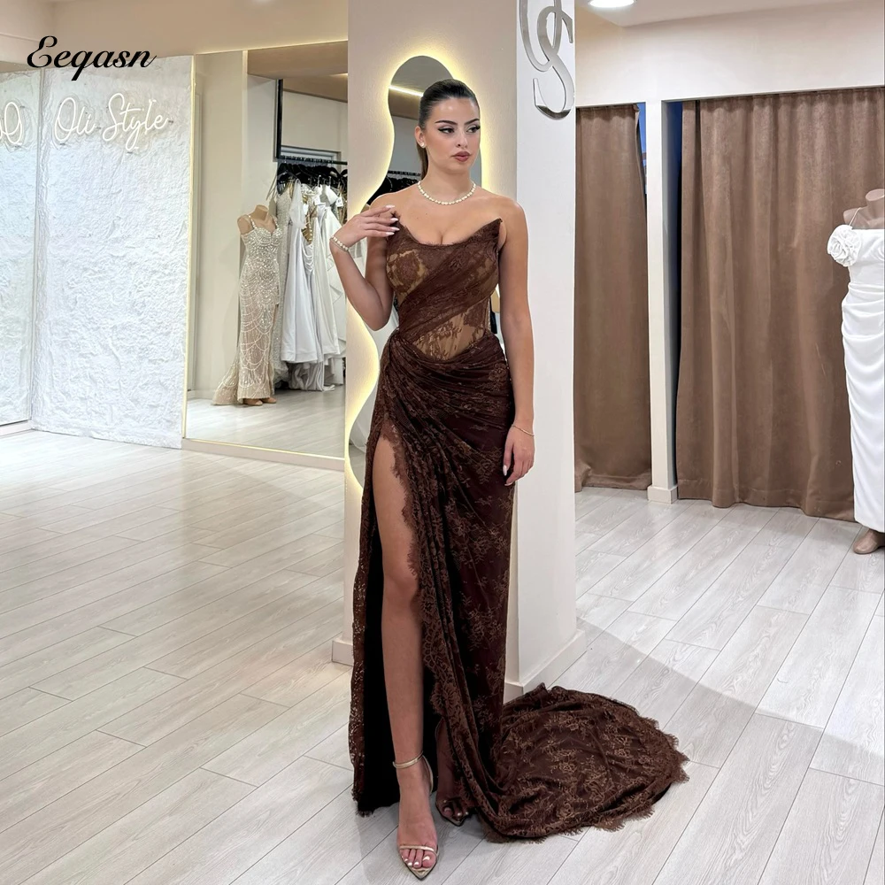 

Длинные вечерние платья с высоким разрезом Русалка Вечернее платье для выпускного вечера Высокое качество Женские элегантные кружевные вечерние платья с рюшами Свадебные платья по индивидуальному заказу