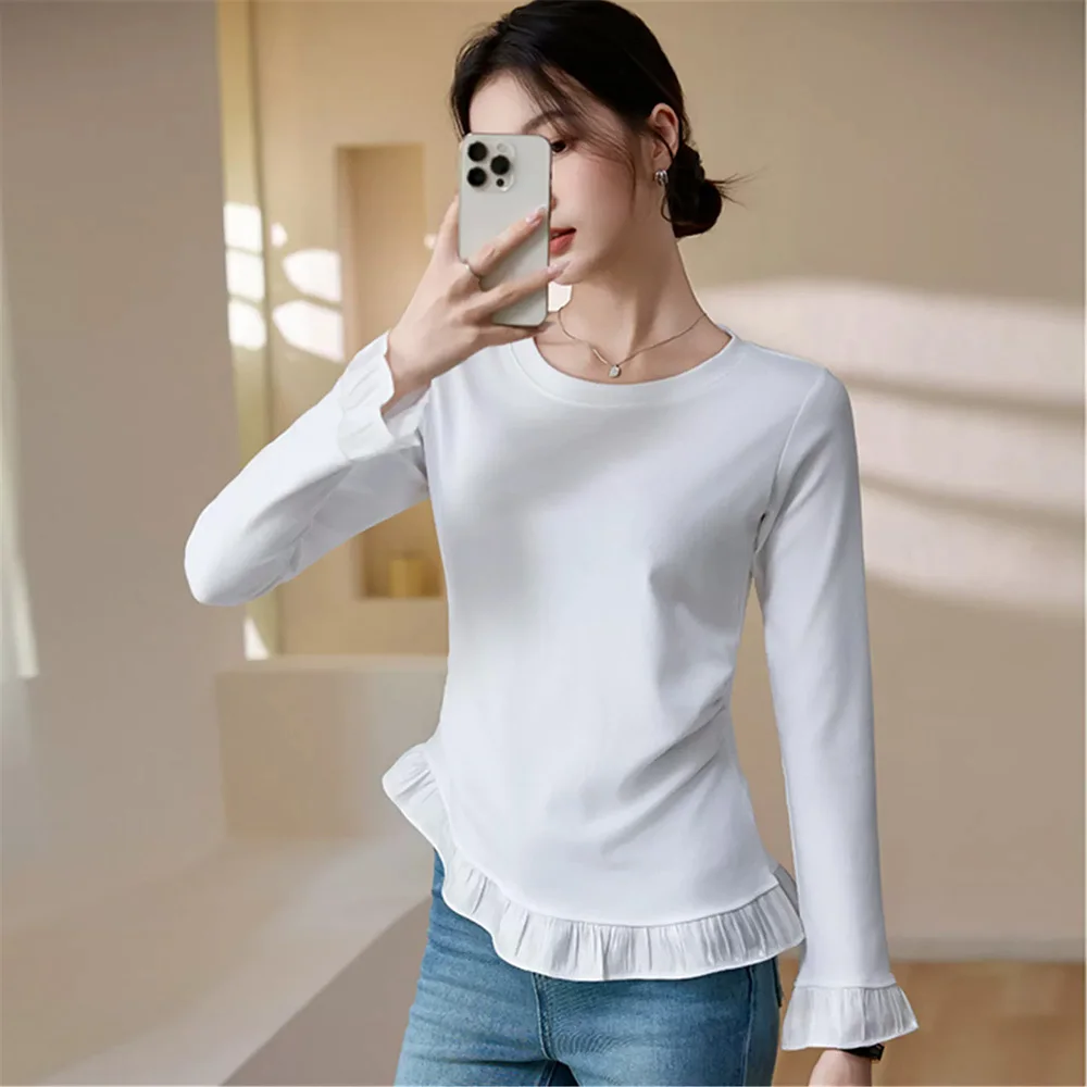 New Women Lace Patchwork T-shirt Spring Autumn Fashion O-Neck Long Sleeve Slim Waist Beautiful T-shirt Casual Daily T-shirt