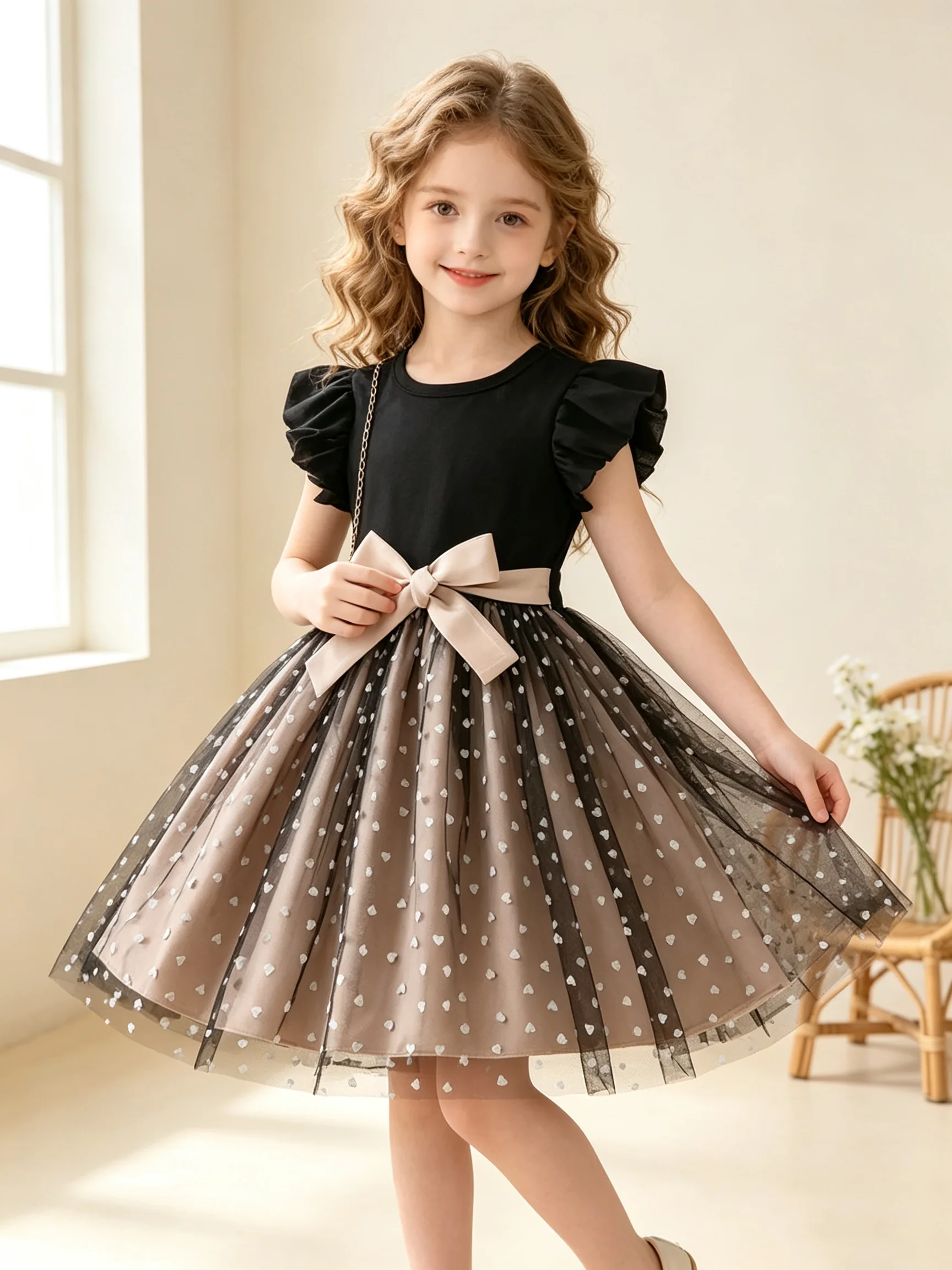 Vestido Infantil de Princesa Casual Elegante de Verão com Manga Curta, Babados, Cinto de Tule em Formato de Coração e Laço na Cintura