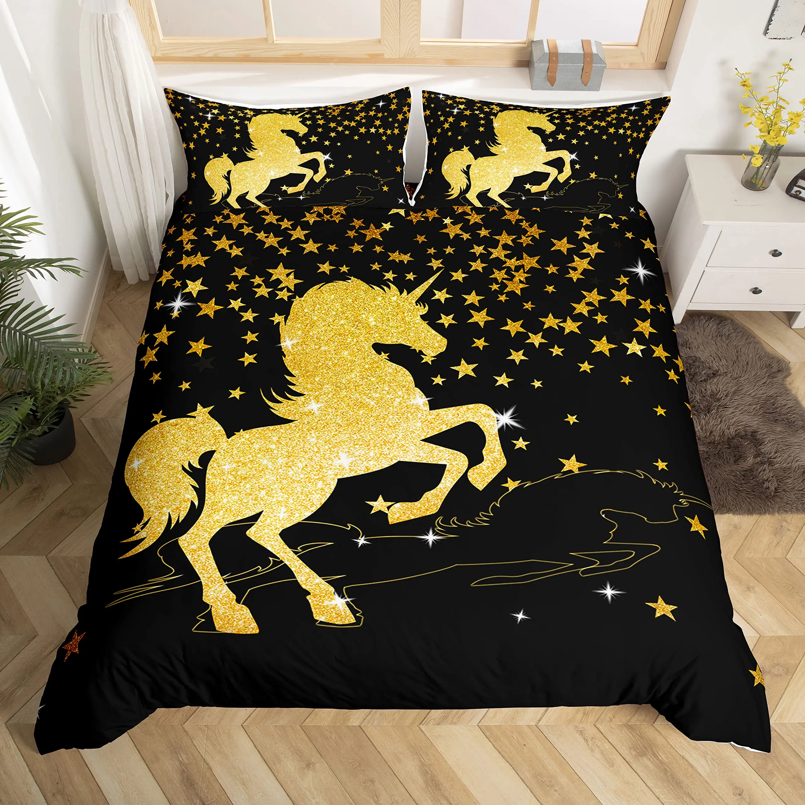 Zestawy pościel z jednorożcem dla dzieci dziewcząt urocza kołdra jednorożca z kreskówki zestaw osłon złota brokatowa wzór gwiazdy kołdra poliestrowa okładka