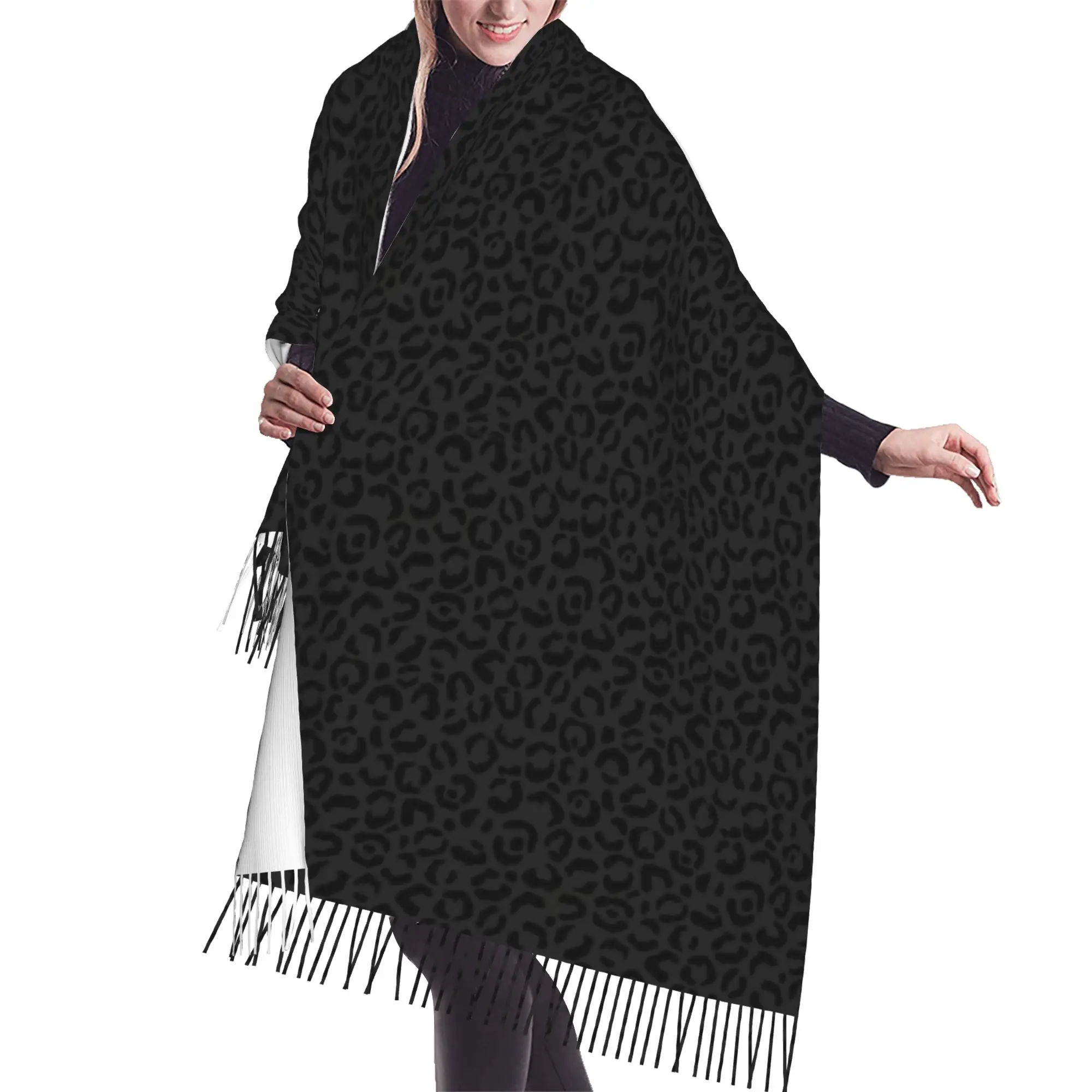 Custom Ladies Long Black Leopard Print Patterned Scarves Women Winter Soft Warm Tassel Shawl Wrap  Scarf