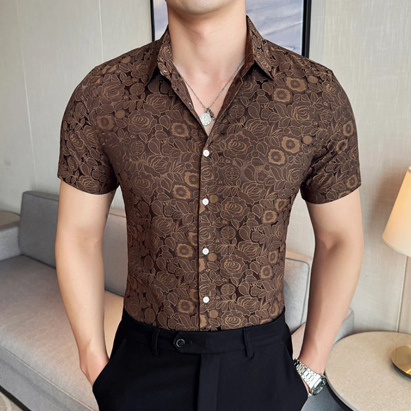 Summer Flower Shirts Men Short Sleeve Retro Casual Shirts Fashion Versatile Business Social Party Tuxedo Blouse Streetwear 2024