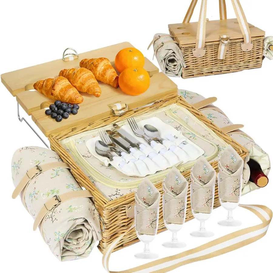 

Picnic Basket for 4 with Folding Table, Large Wicker Picnic Basket Set with Waterproof Blanket and Wine Pouch, Insulated Willow