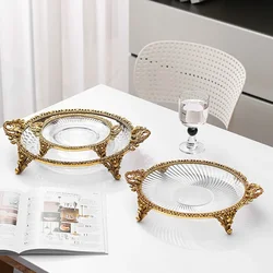 Retro Brass Round Tray Binaared Fruit Plate European Style Living Room Villa Crystal Glass Ornaments Decoration Plate