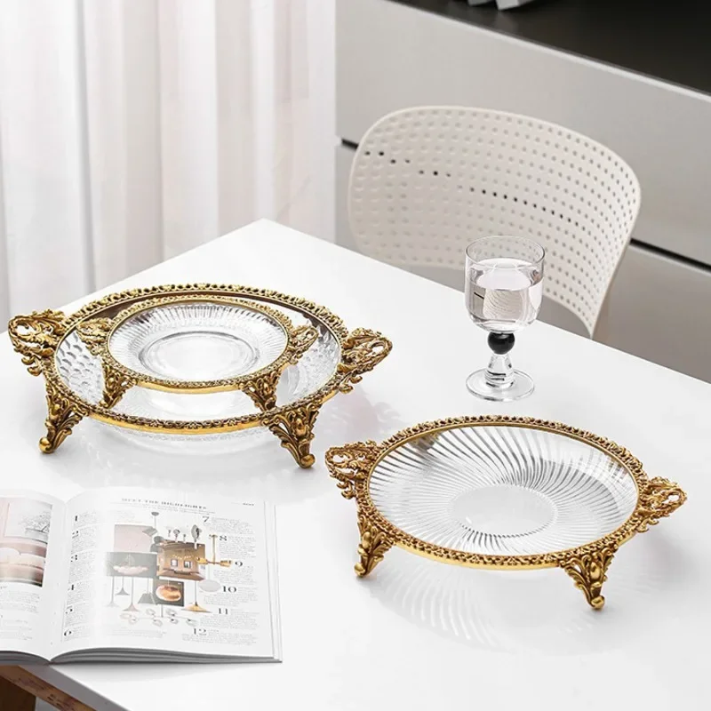 Retro Brass Round Tray Binaared Fruit Plate European Style Living Room Villa Crystal Glass Ornaments Decoration Plate