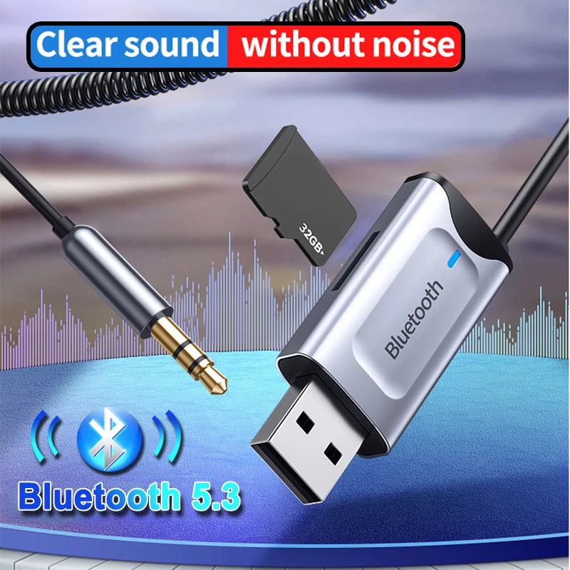 Car Bluetooth Receiver AUX 5.3 Stereo Wireless USB Dongle to 3.5mm Jack Audio Music Adapter Mic Handsfree Call & TF Card Slot