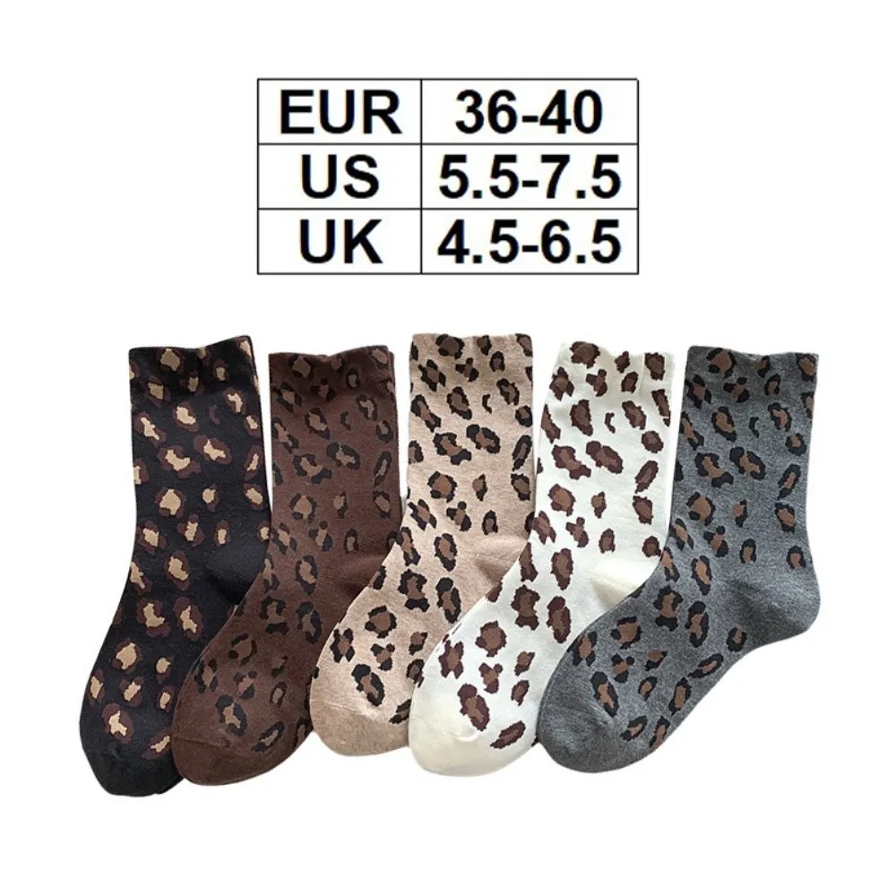 5 pares estilo coreano leopardo impressão meias macio elástico famale tubo meias respirável poliéster-algodão meados de bezerro meias streetwear