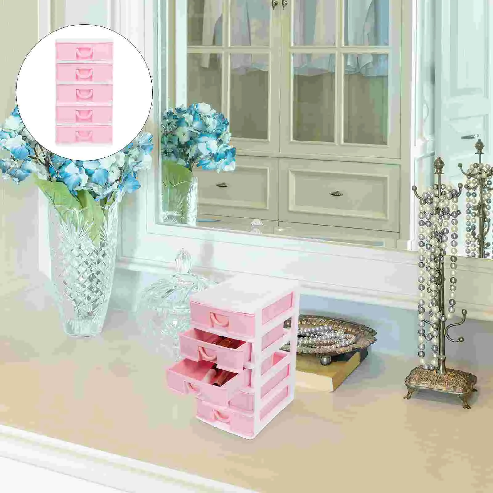 

Storage Box Office Case Vanity Organizer Desktop Makeup Holder Small Cabinet with Drawers Shelves