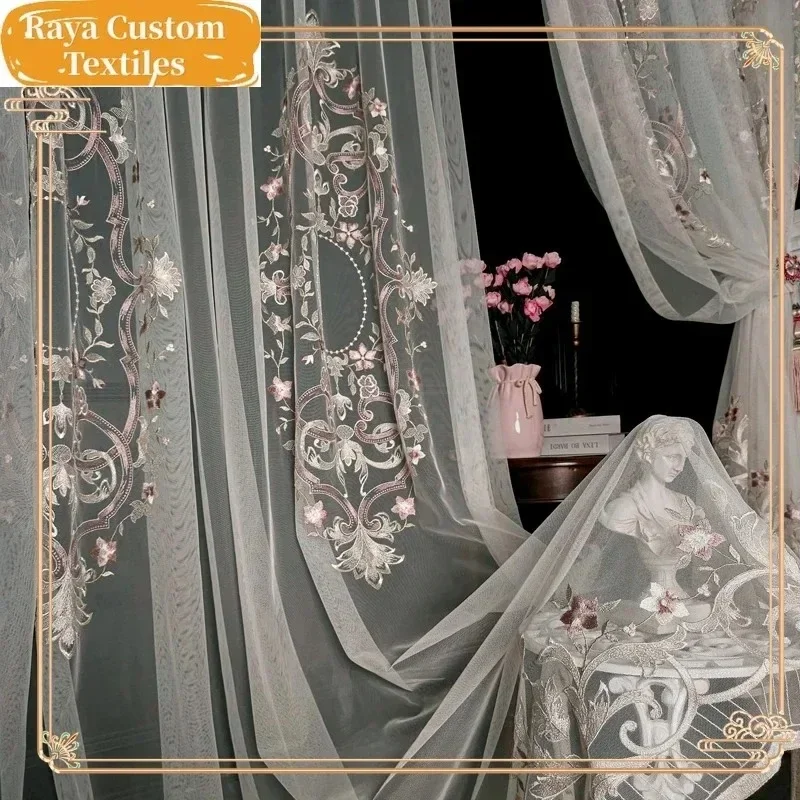 Embroidered Tulle  Curtains for Living Dining Room BedroomFrench Light Luxury Modern Bedroom New Curtain Veil Custom White Tulle