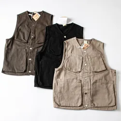 Vintage Japanese Workwear Vest Hong Kong Style Loose Jacket Vest Men's Retro Multi Pocket Sleeveless Casual Youth Male Camisole