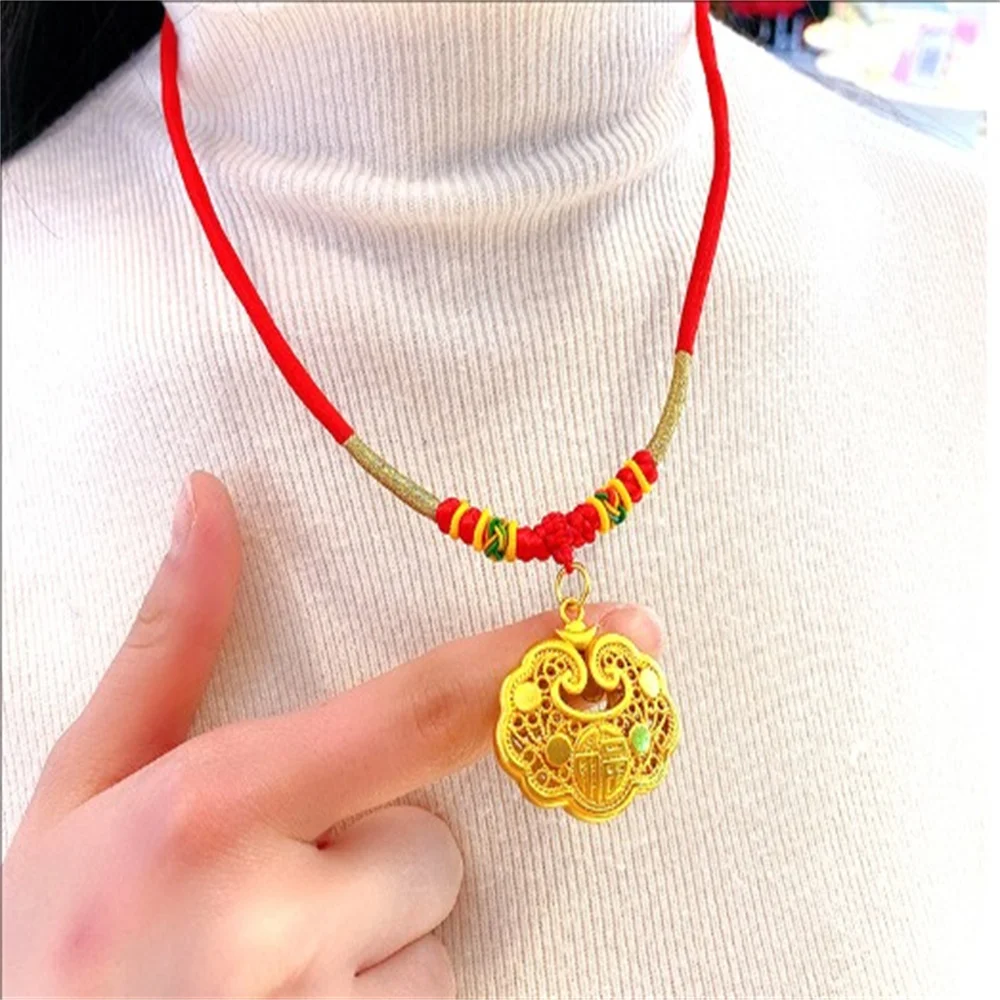 Shajin 999 Baby Gold Lock Pendant Red Rope Fortune Word Long Life Safe Lock Necklace