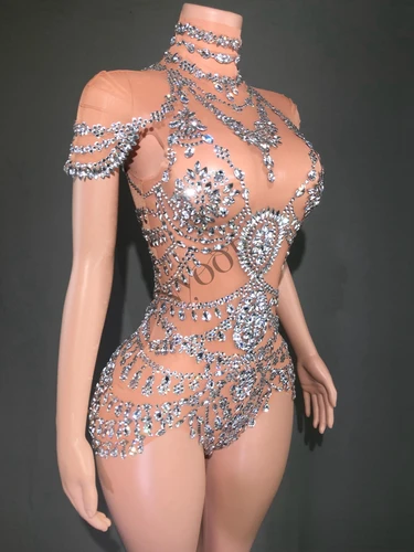 Imagen 2 del producto Body brillante con diamantes de imitación para mujer, traje de baile transparente de malla Sexy, ropa de escenario para espectáculo de bailarina y cantante