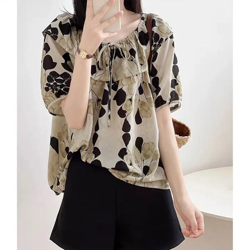 

Floral Print Chiffon Shirt Casual Summer Elegant Loose Style Short Sleeve One-Shoulder Design Korean Commute Fashion Women's Top