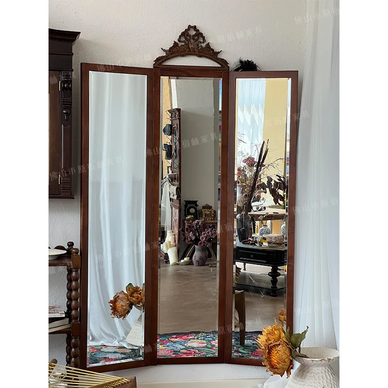 DSA retro antique mirror folding solid wood full-length mirror carved full-body mirror medium antique small apartment