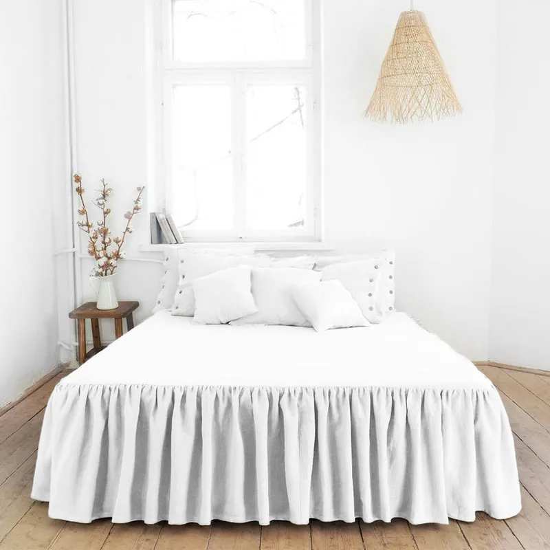 

100% Pure Linen Ruffled Bed Skirt Classic Style Soft and Stylish With 18" Drop Queen King Size Bed White