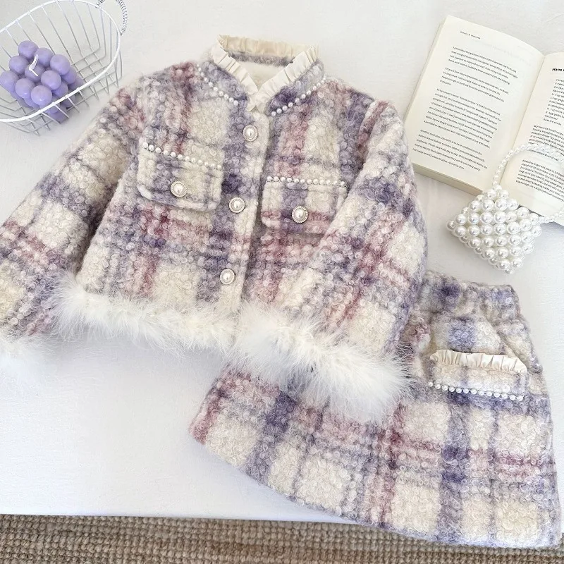

Girls Set 2025 Autumn Winter Korean Style Fashion Elegant Sweet Cute Thick Warm Plaid Long Sleeve Coat Skirt Two Piece Set