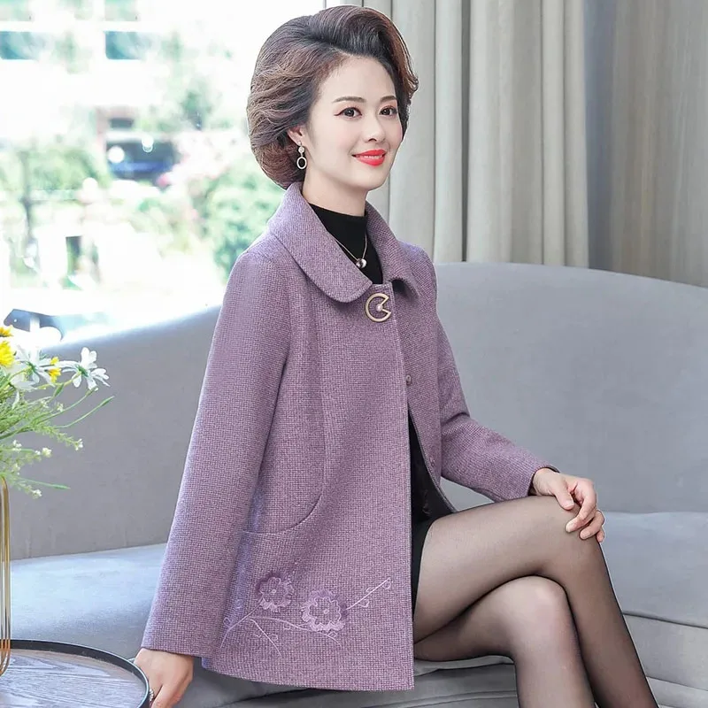 

Spring Autumn Mother Clothes New Fashion Noble Woolen Coat Middle-aged Elderly Women's Casual Cardigan Wool Jacket Outwear 5XL