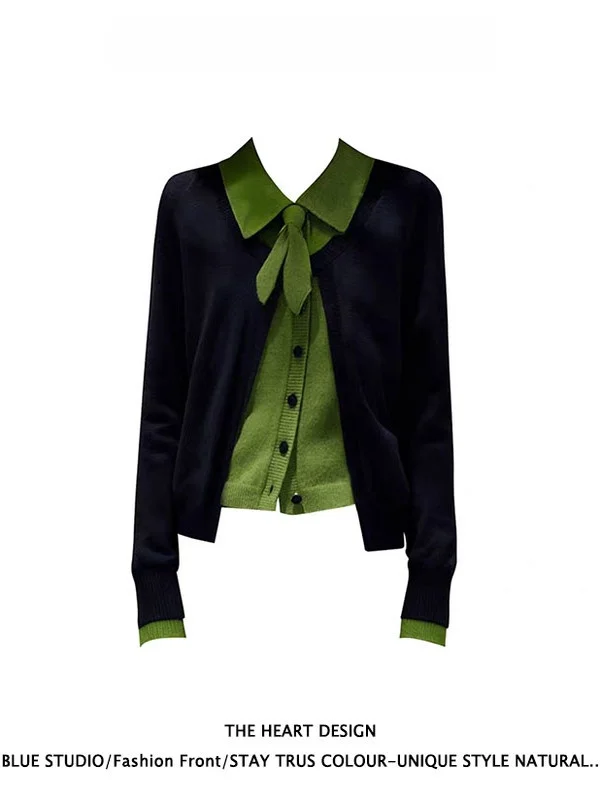 

Loose Fit Korean Sle Open Cardigan Sweater Bla een Collar Fake Two-Piece Spring Faion Women's Clothing