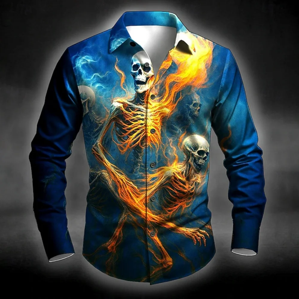 New Men's Long Sleeve Shirt Brick Skull Print Halloween Button Shirt Holiday Spring Autumn 3D Flap Shirt