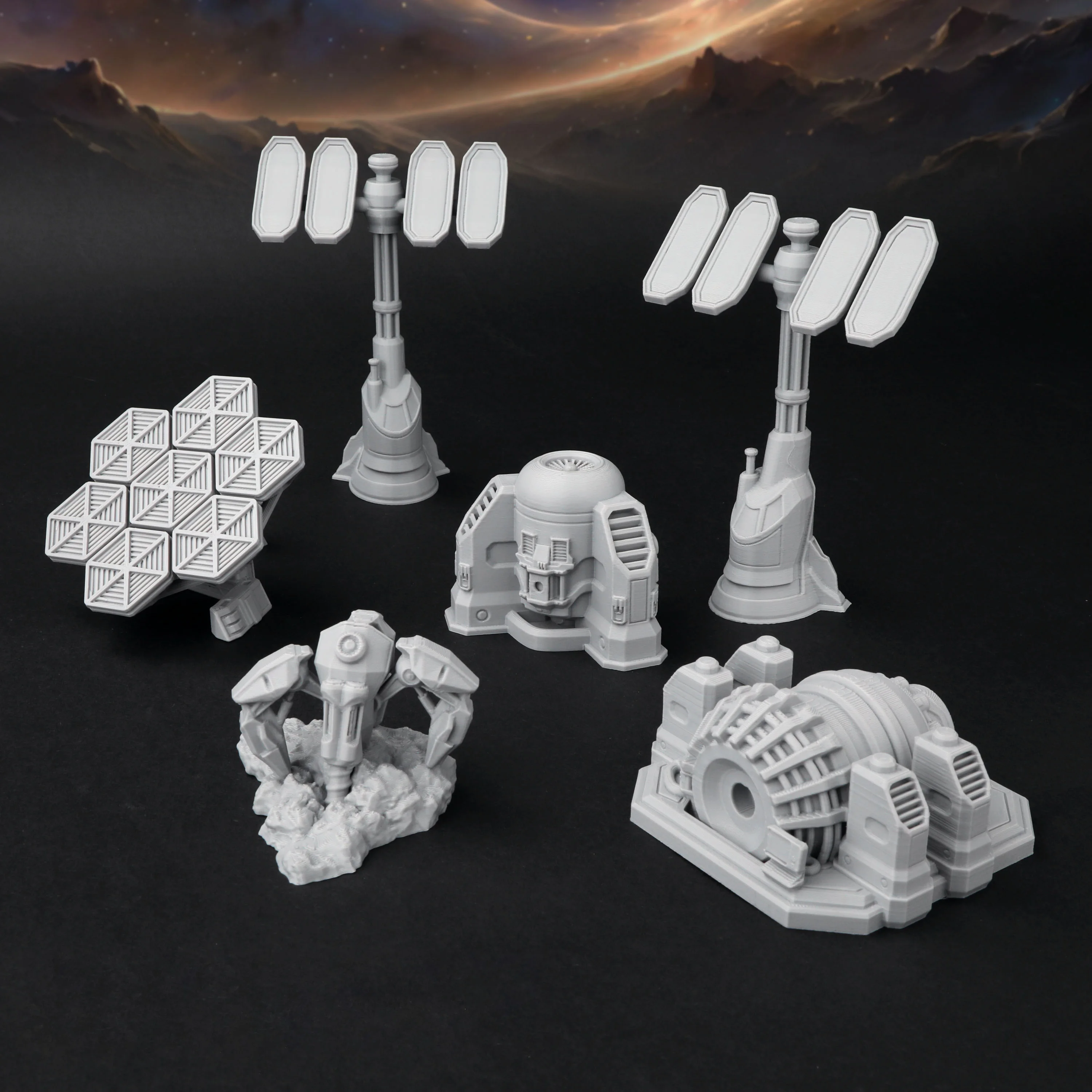 conjunto-de-cenario-sci-fi-para-ttrpg-—-antenas-parabolicas-detalhadas-unidade-mech-e-geradores-de-energia-para-campanhas-de-rpg-futuristas