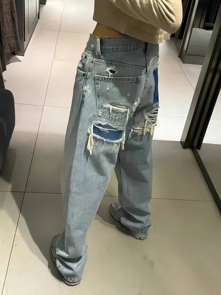 

Retro Y2K High Street Distressed Loose High Waisted Wide Leg Denim Pants Summer Fashion Women Versatile Contrasting Color Jeans